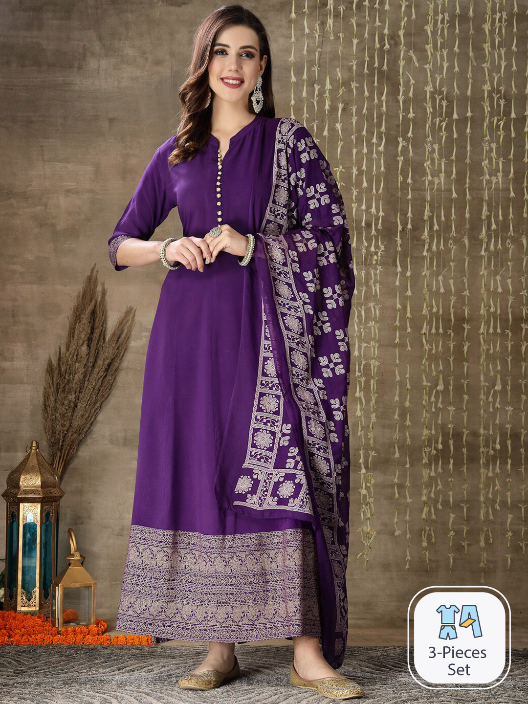 

Stylum Ethnic Motifs Printed Thread Work Kurta With Dupatta, Violet