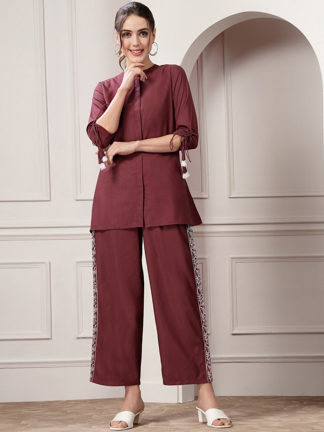 

Stylum Burgundy & White Mandarin Collar Shirt With Straight Palazzos