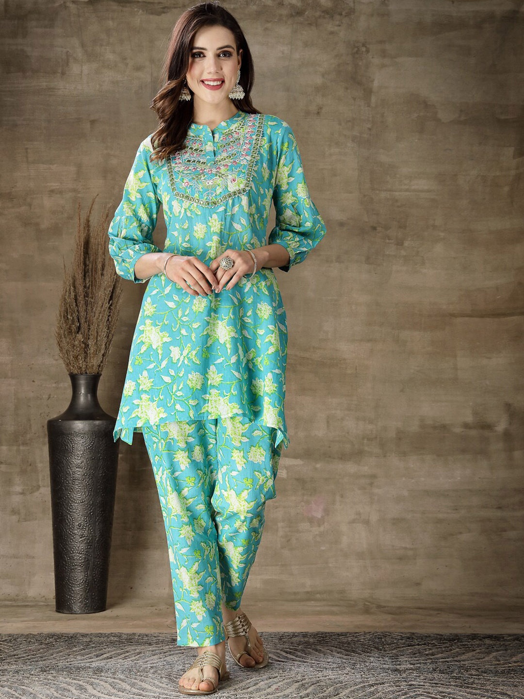 

Stylum Turquoise Blue Floral Printed Mirror Work Pure Cotton A-line Kurta With Trousers