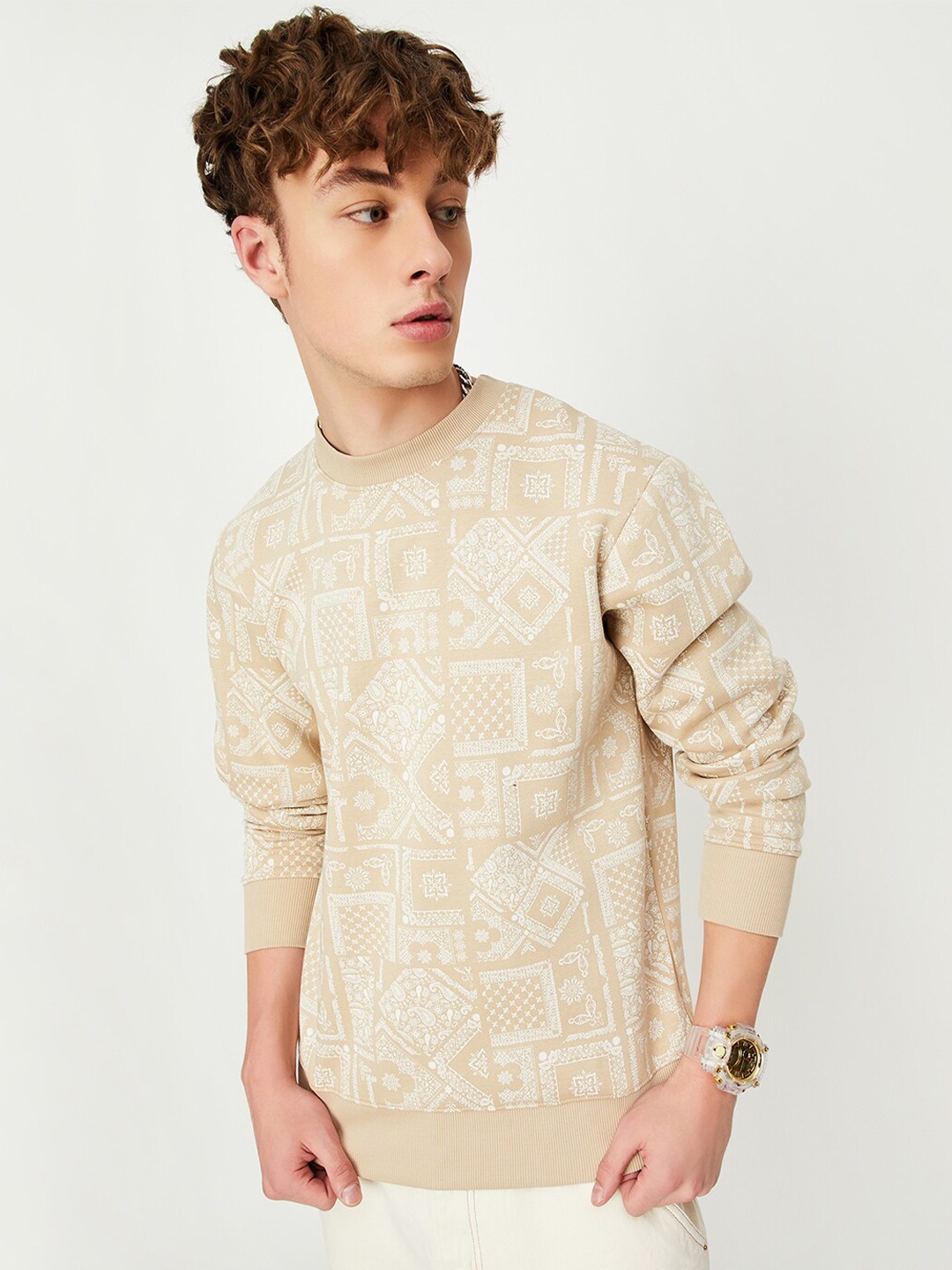 

max Ethnic Motif Printed Pullover Sweatshirt, Beige
