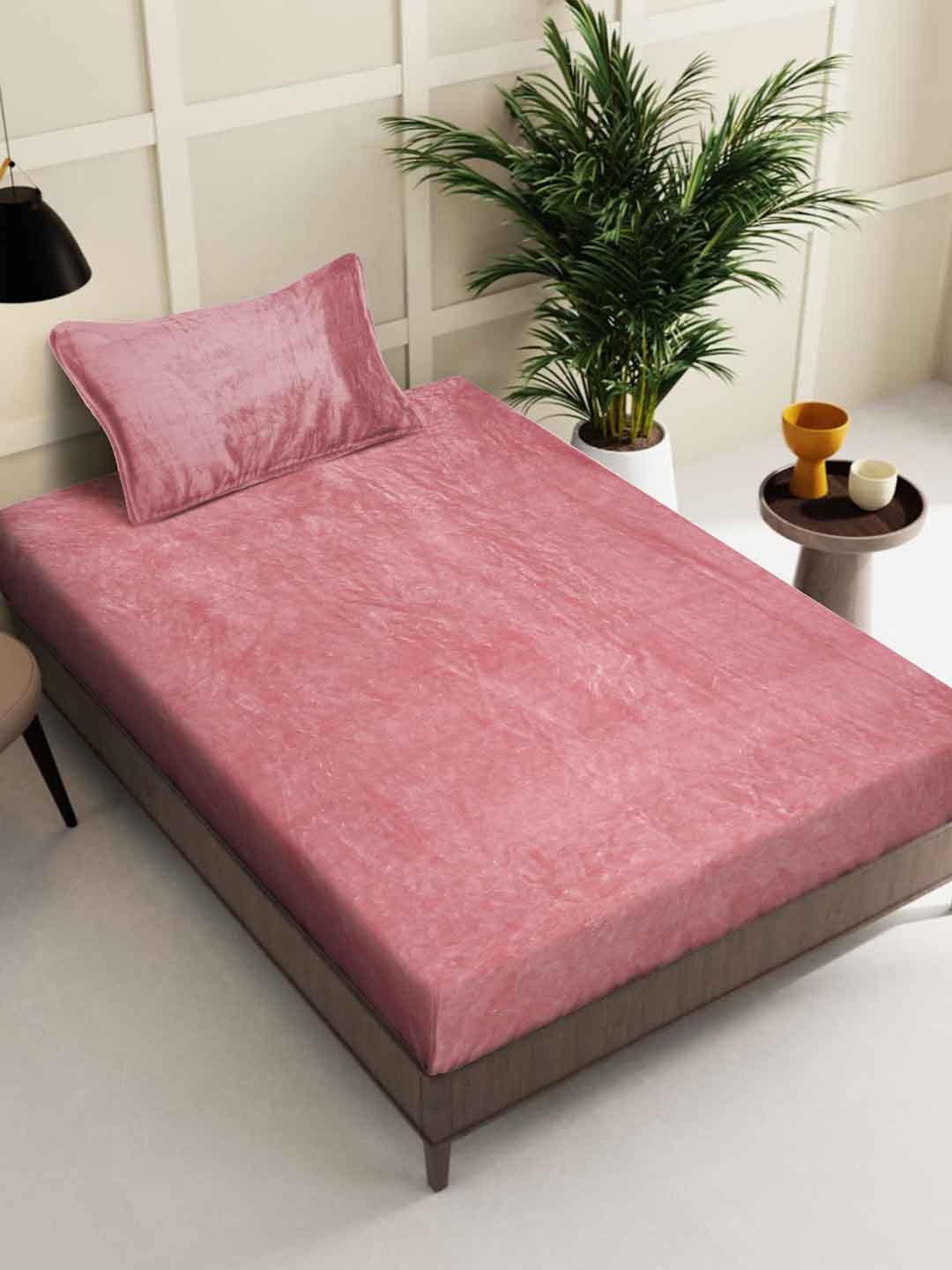 KLOTTHE Rust-Pink Woollen 300TC Single Bedsheet With Pillow Cover