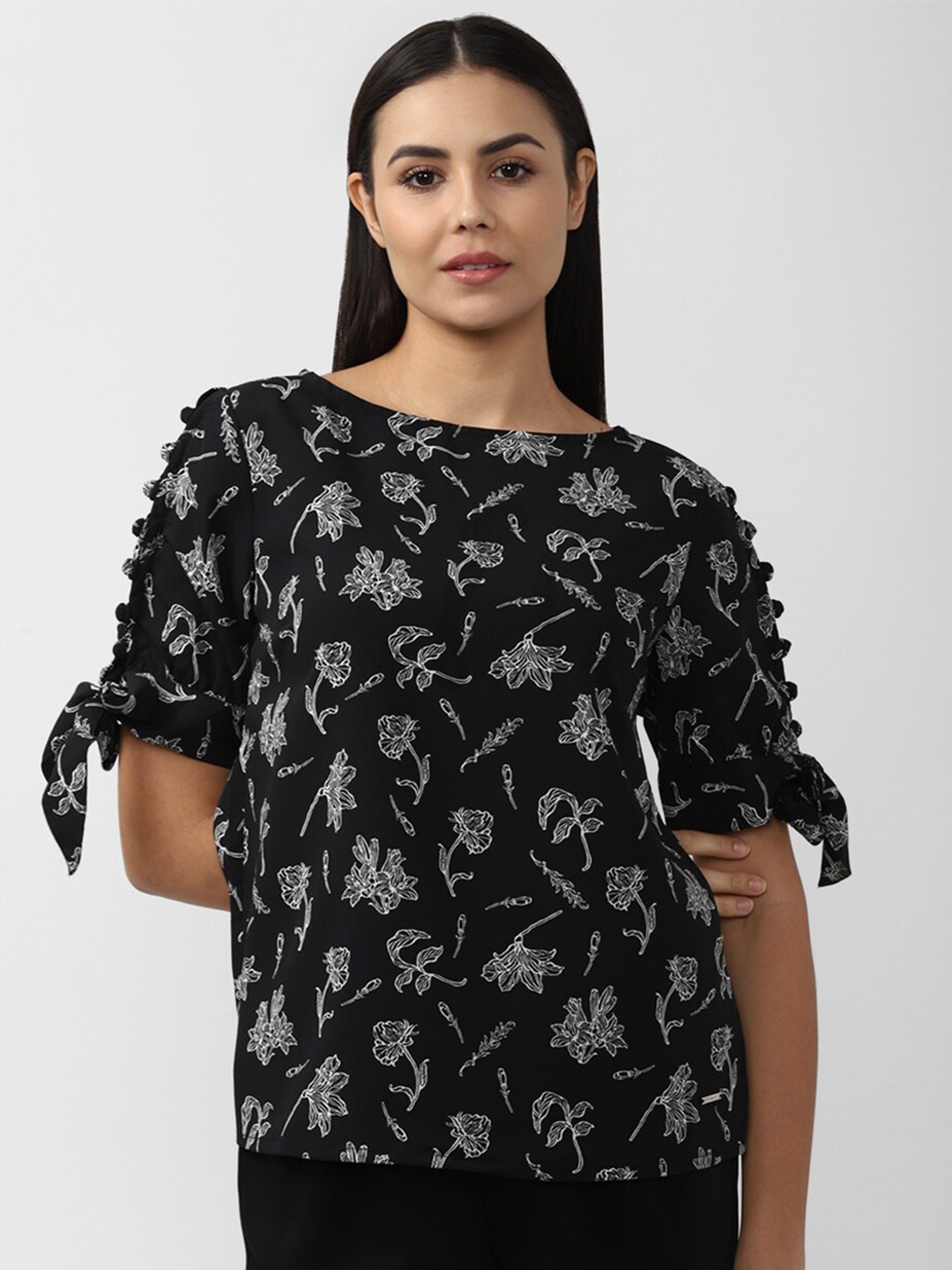 

Van Heusen Woman Floral Printed Slit Sleeve Tie-Ups Top, Black