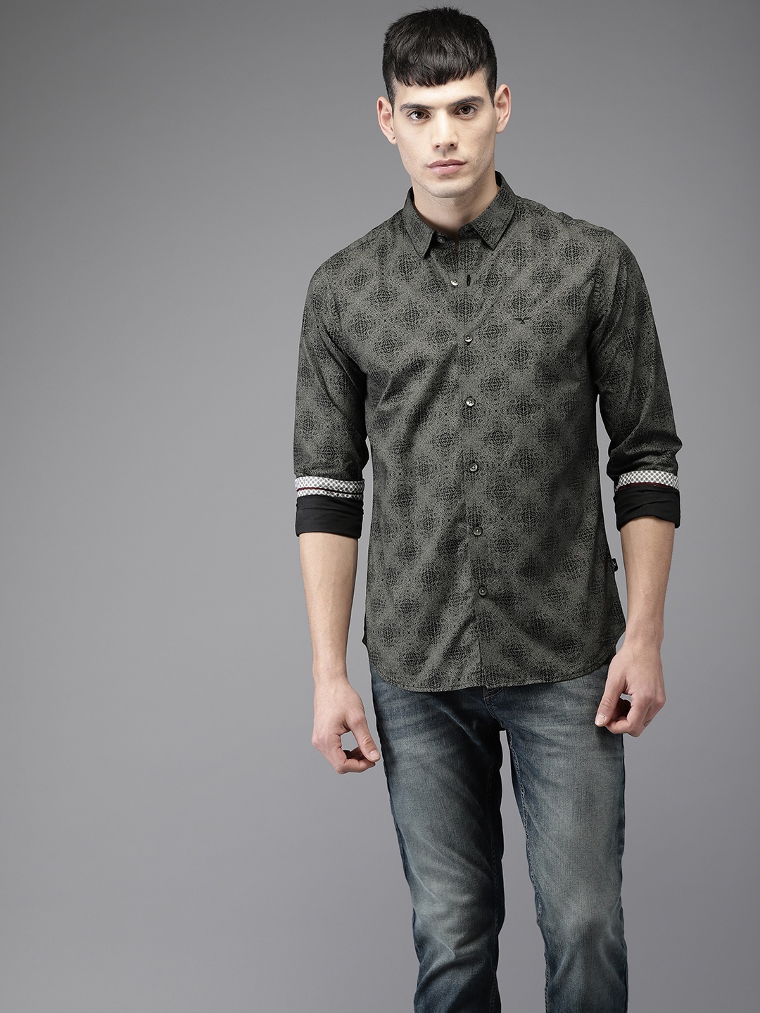 

Flying Machine Men Black & Grey Slim Fit Printed Casual Shirt