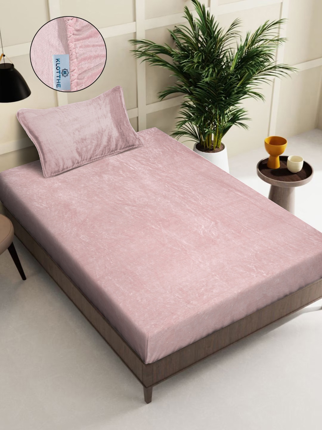 

KLOTTHE Pink Woollen 300TC Fitted Single Bedsheet With Pillow Cover