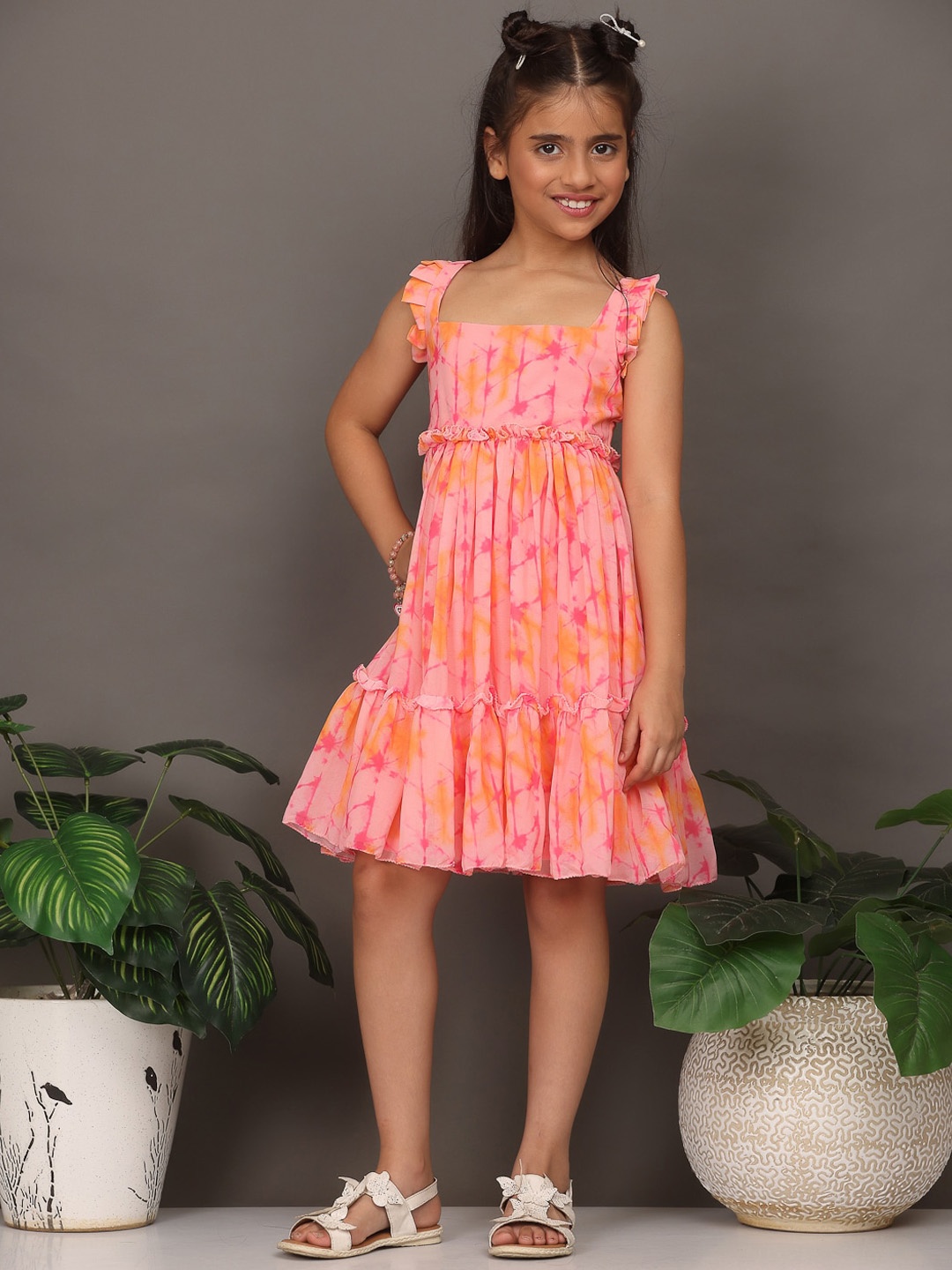 

Ethnovog Girls Abstract Printed Georgette Fit and Flare Dress, Pink