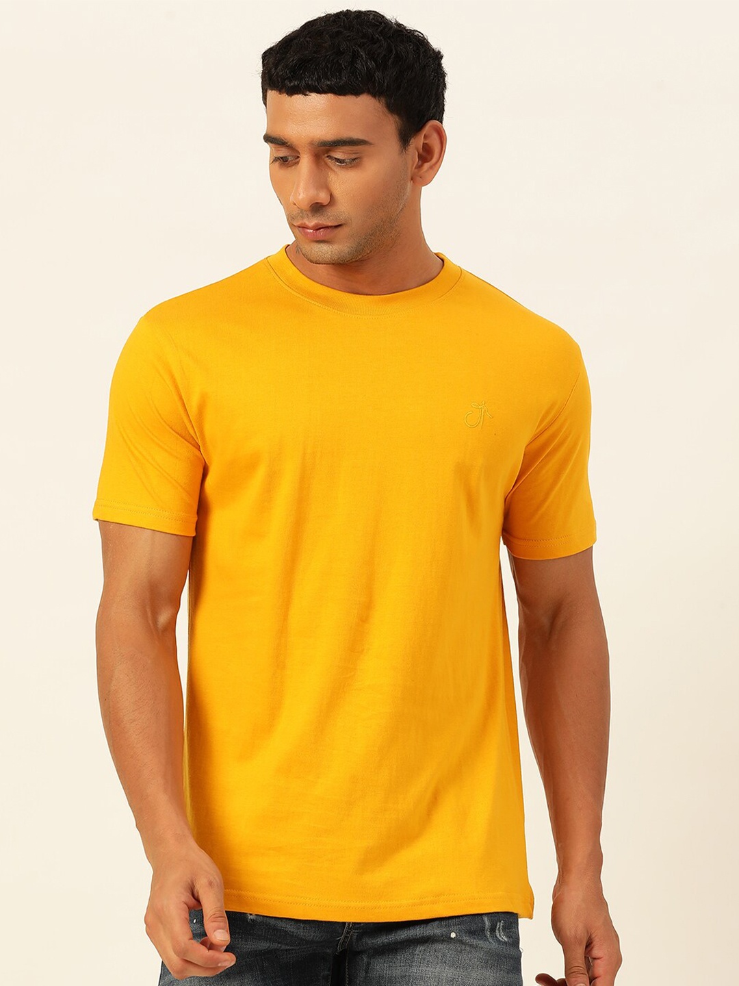 

JAVINISHKA Brand Logo Printed Pure Cotton Bio Finish Regular T-shirt, Mustard