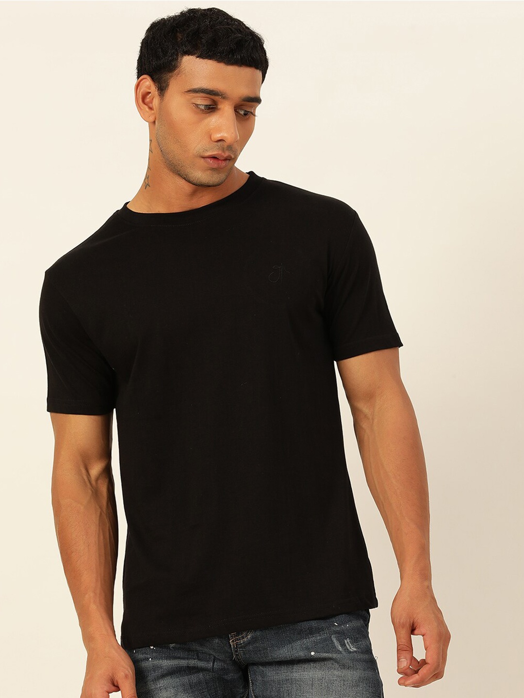 

JAVINISHKA Brand Logo Printed Pure Cotton Bio Finish Regular T-shirt, Black