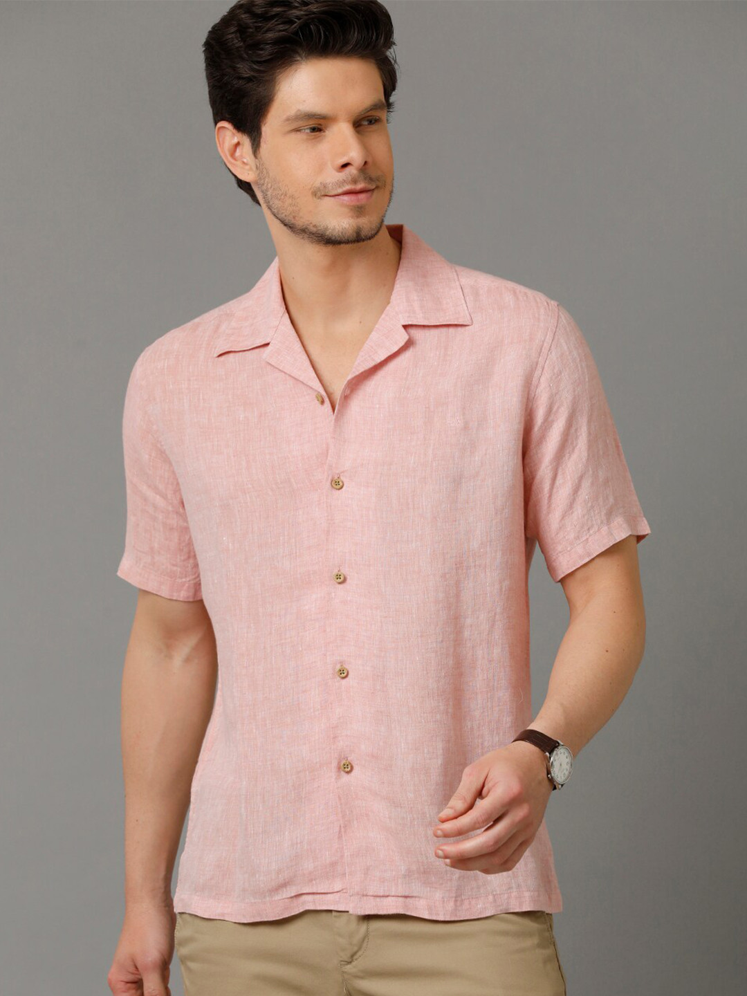 

Aldeno Comfort Spread Collar Regular Fit Linen Casual Shirt, Peach
