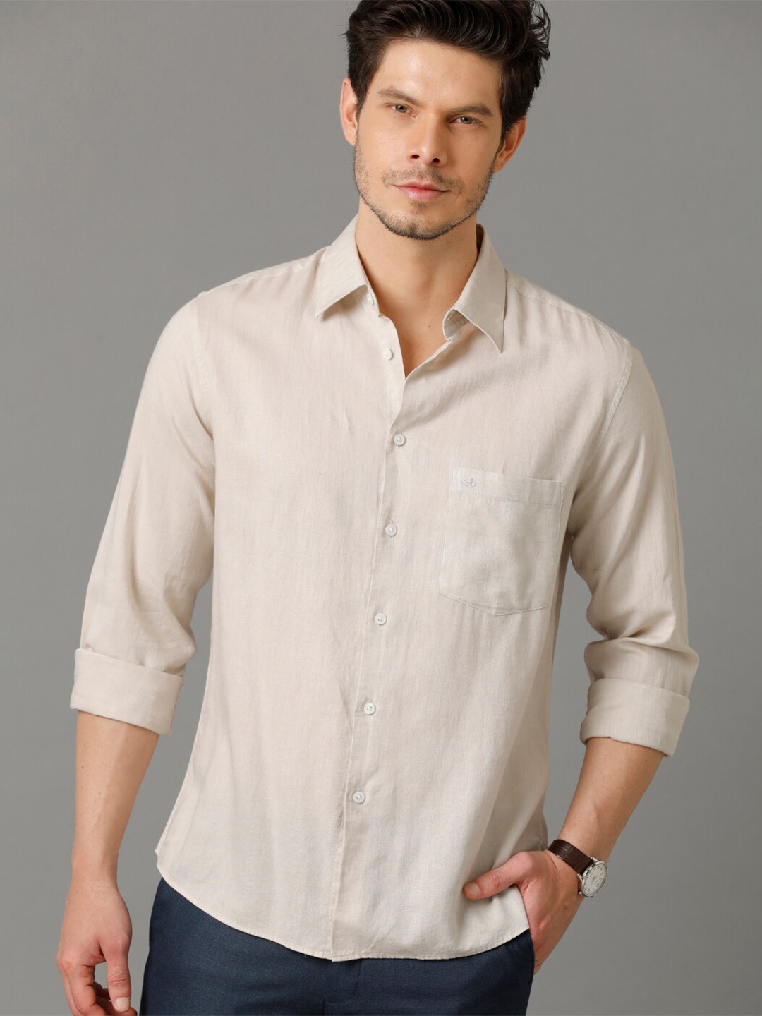 

Aldeno Comfort Spread Collar Regular Fit Linen Casual Shirt, Beige
