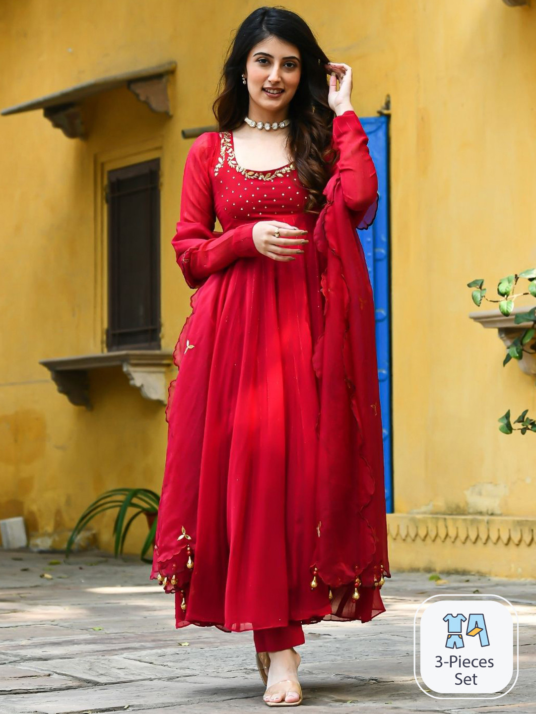 

Urbanstree Ethnic Motifs Yoke Design Georgette Anarkali Kurta With Trousers & Dupatta, Red