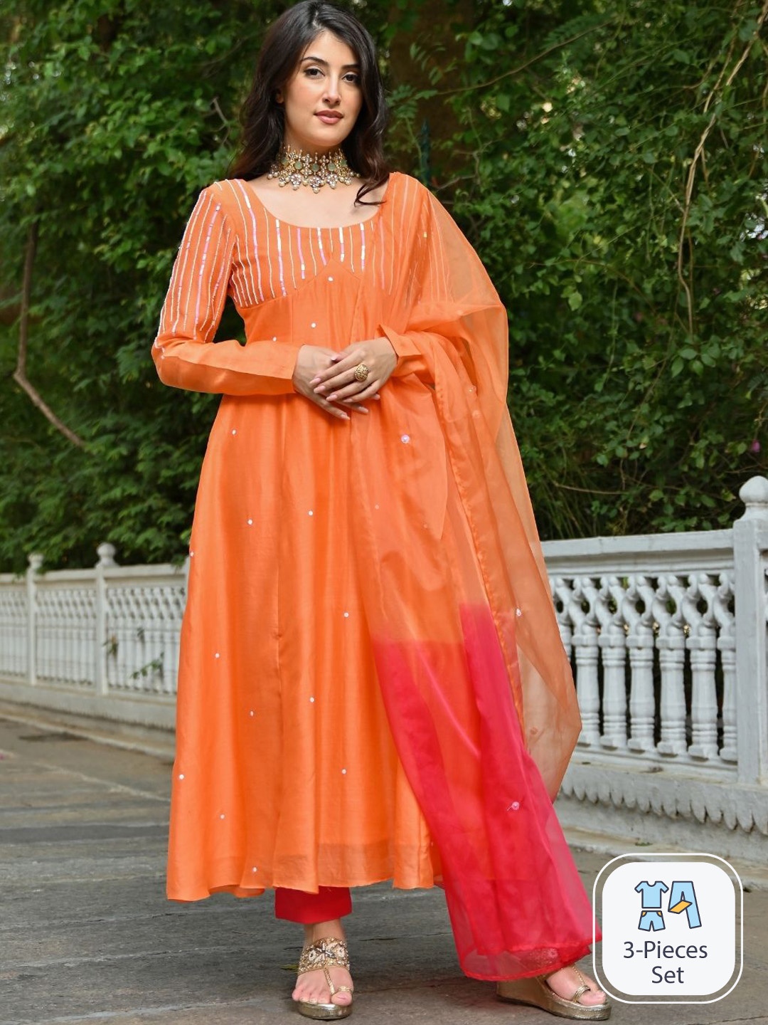 

Urbanstree Striped Long Sleeve Anarkali Sequinned Kurta With Trousers & Dupatta, Orange