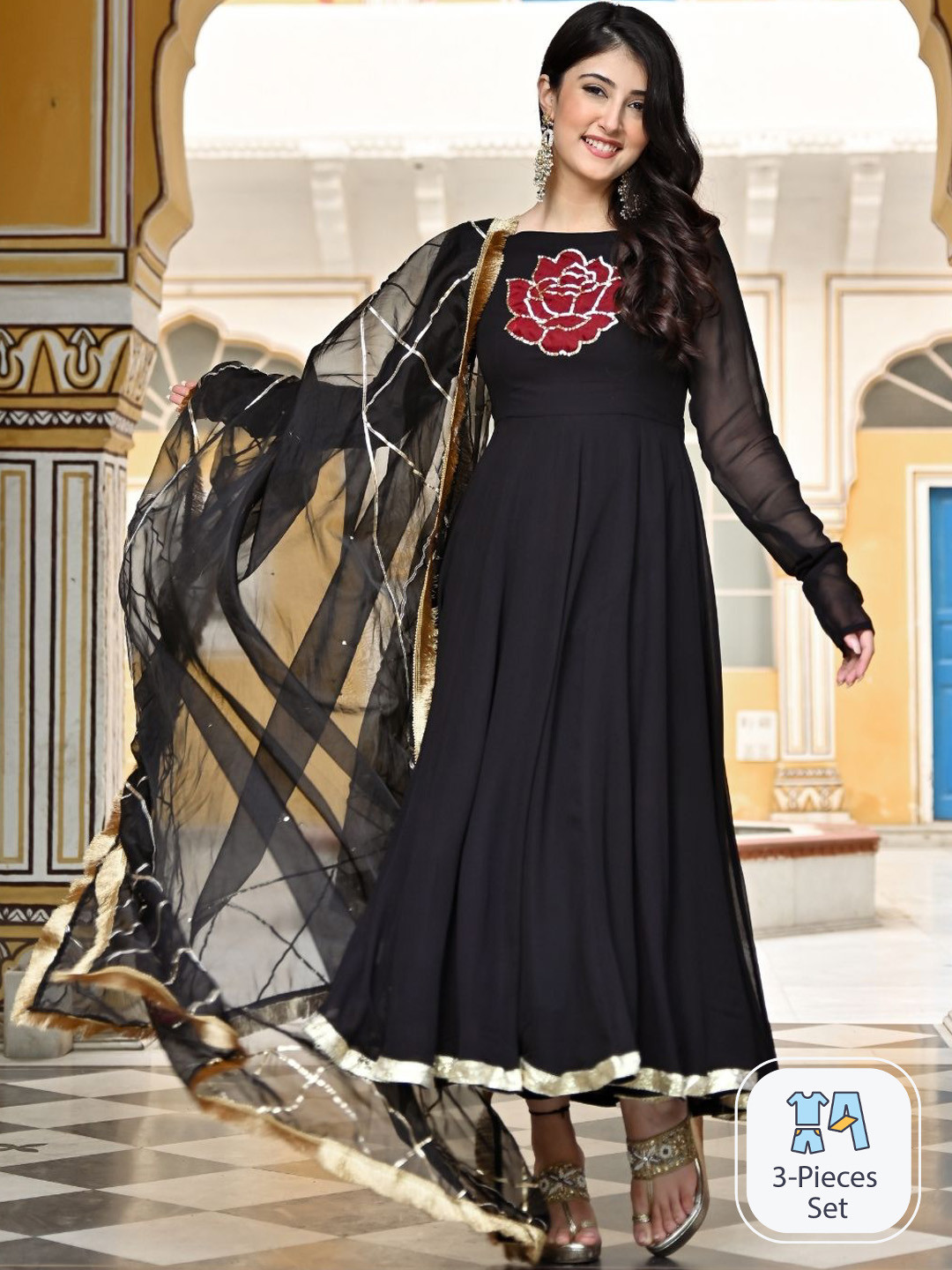 

Urbanstree Floral Printed Boat Neck Regular Sequinned Kurta With Trousers & Dupatta, Black
