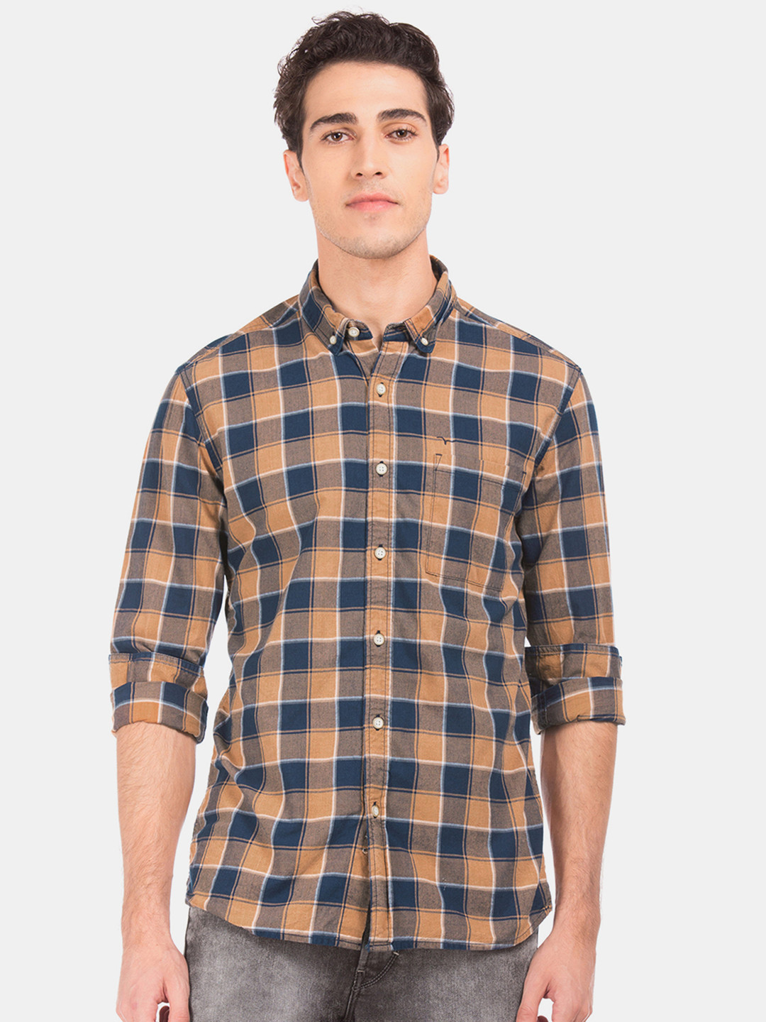 

Flying Machine Men Brown & Navy Blue Slim Fit Checked Casual Shirt
