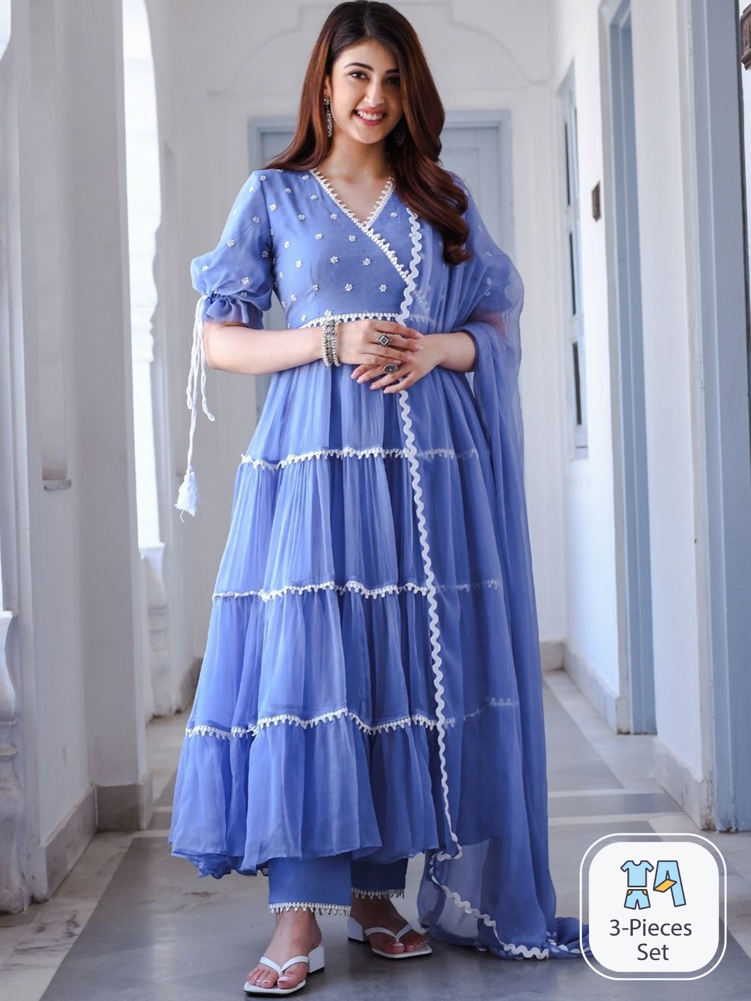 

Urbanstree Floral Embroidered Tired Sequinned Kurta With Trousers & Dupatta, Blue