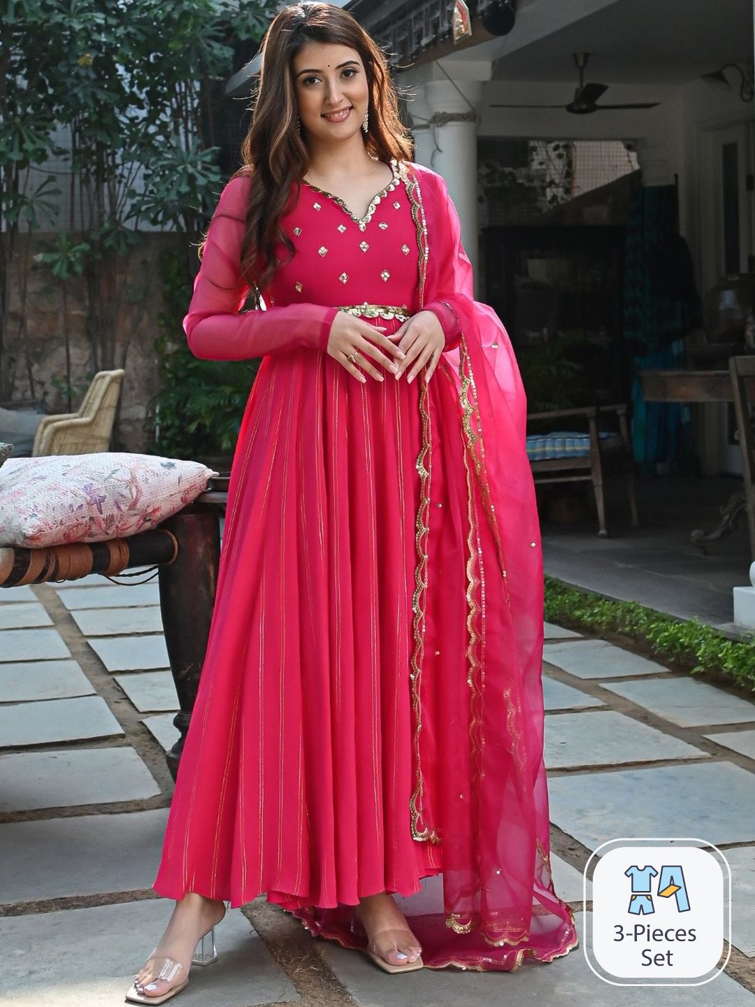 

Urbanstree Ethnic Motifs Embroidered Georgette Anarkali Kurta With Trousers & Dupatta, Pink