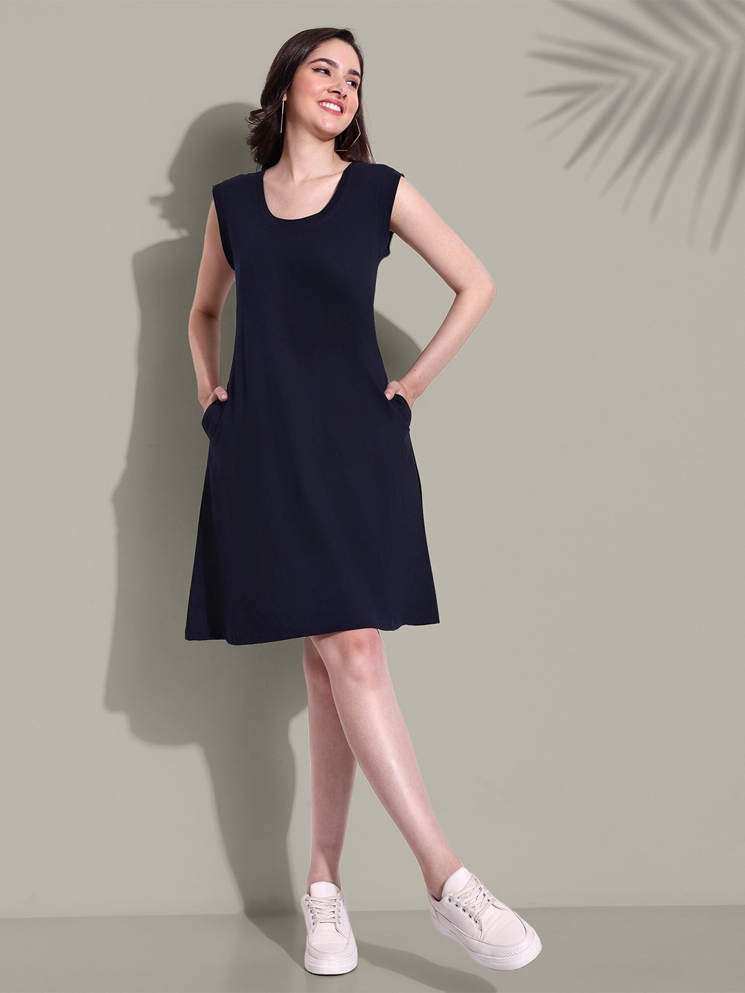 

CUPID Sleeveless Cotton A-Line Dress, Navy blue