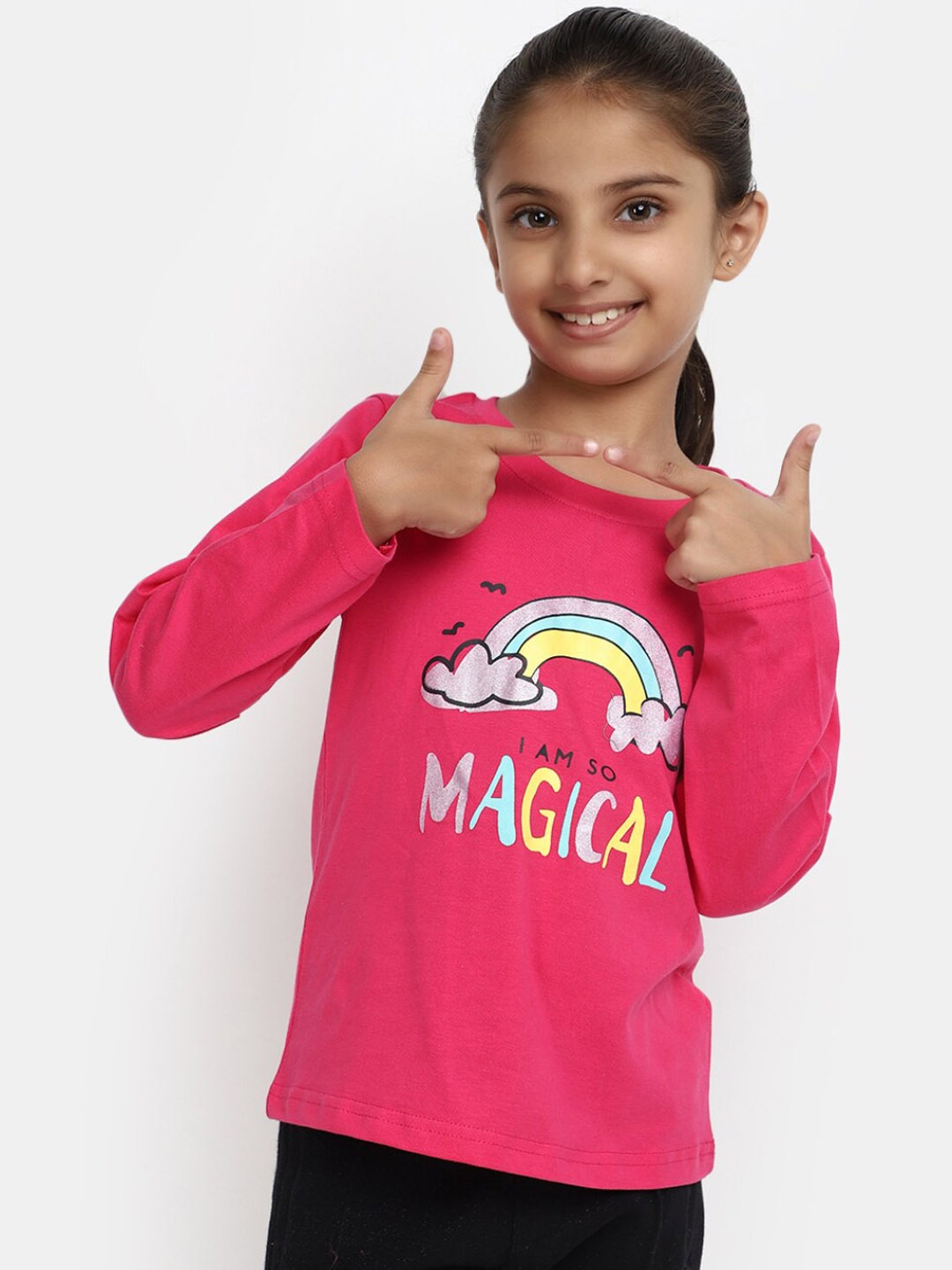 

V-Mart Girls Printed Cotton T-shirt With Trousers, Fuchsia