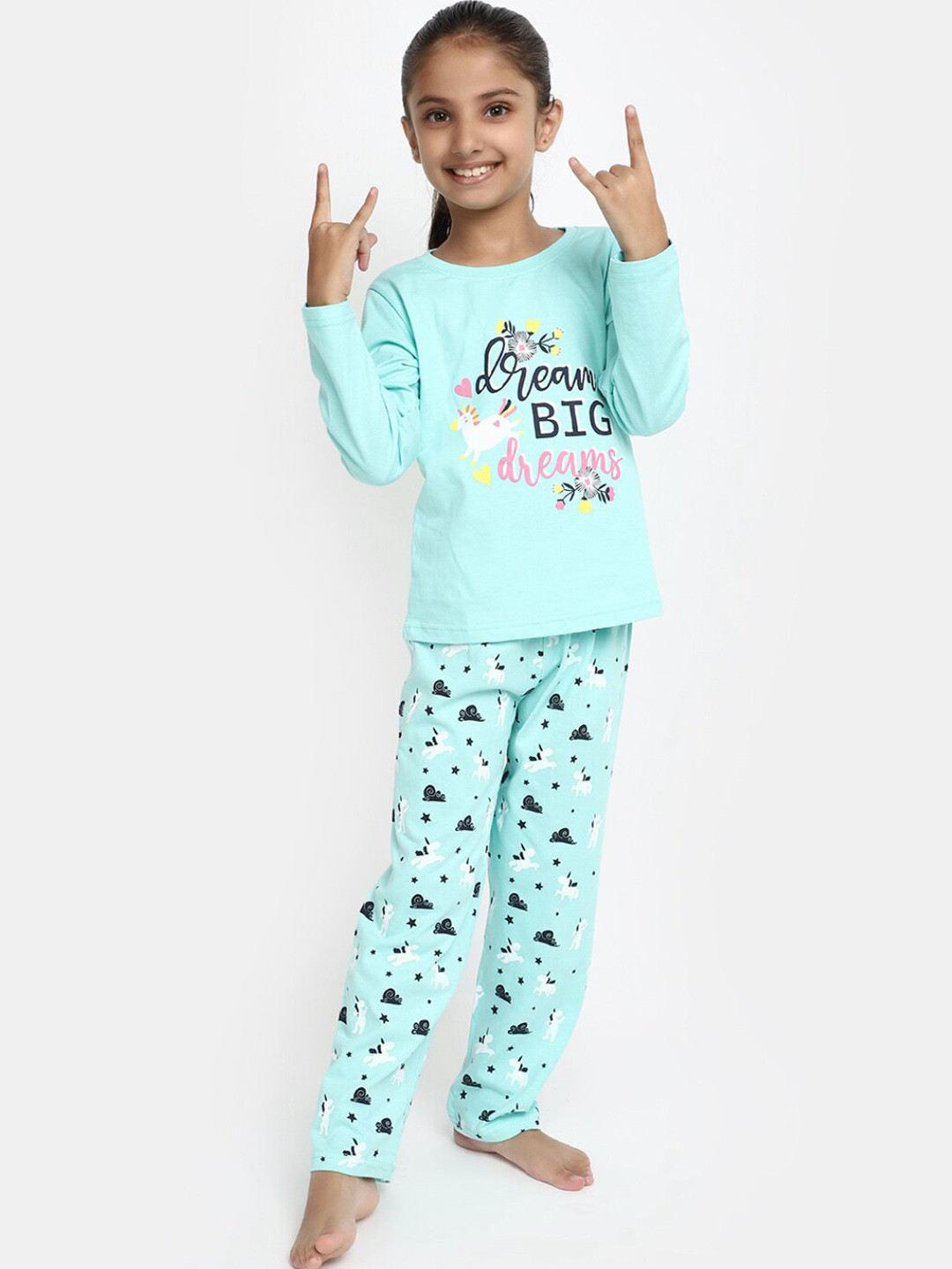 

V-Mart Girls Typography Printed Cotton Night Suit, Green