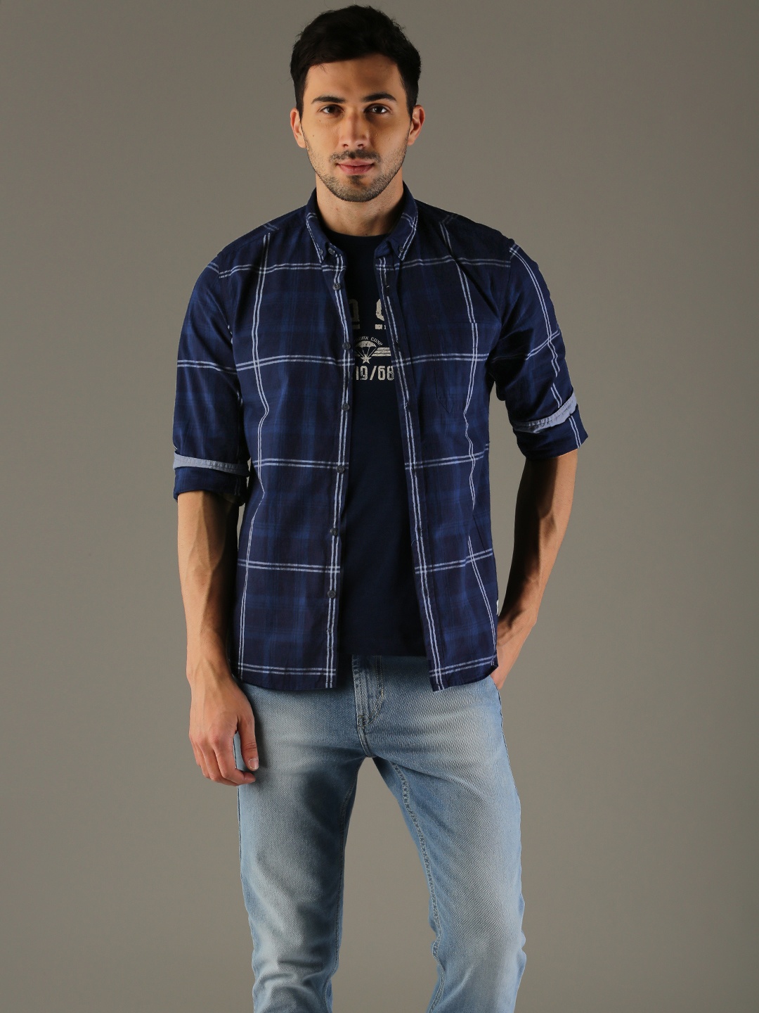 

Flying Machine Men Navy Blue Comfort Slim Fit Checked Casual Shirt
