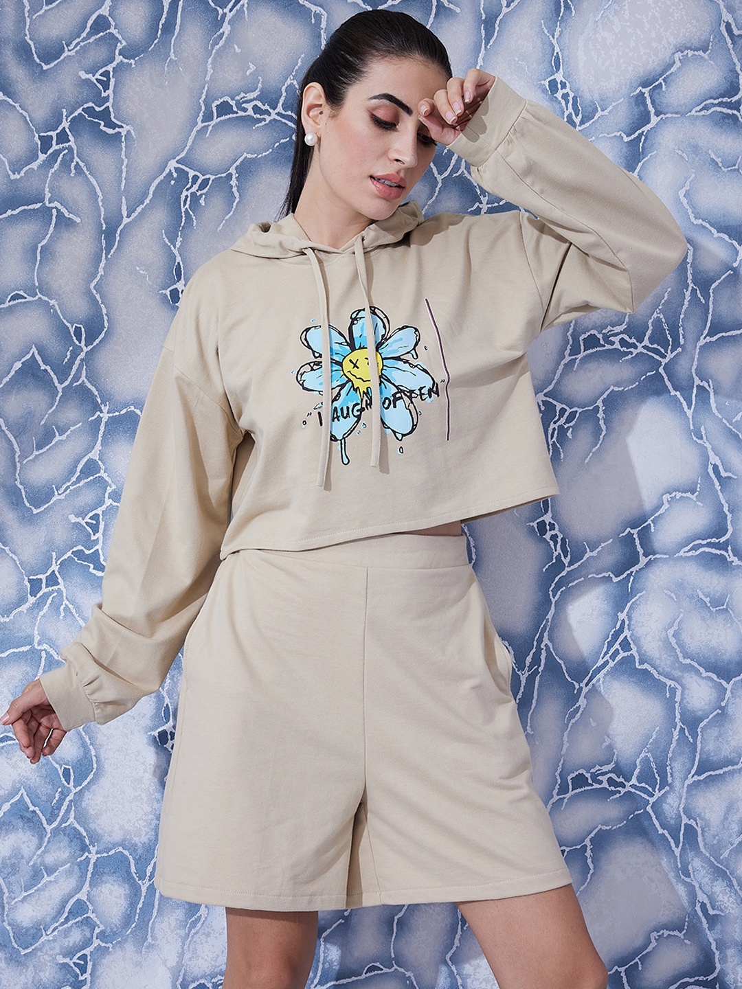 Athena Graphic Printed Sweatshirt & Shorts Co-Ords, Beige