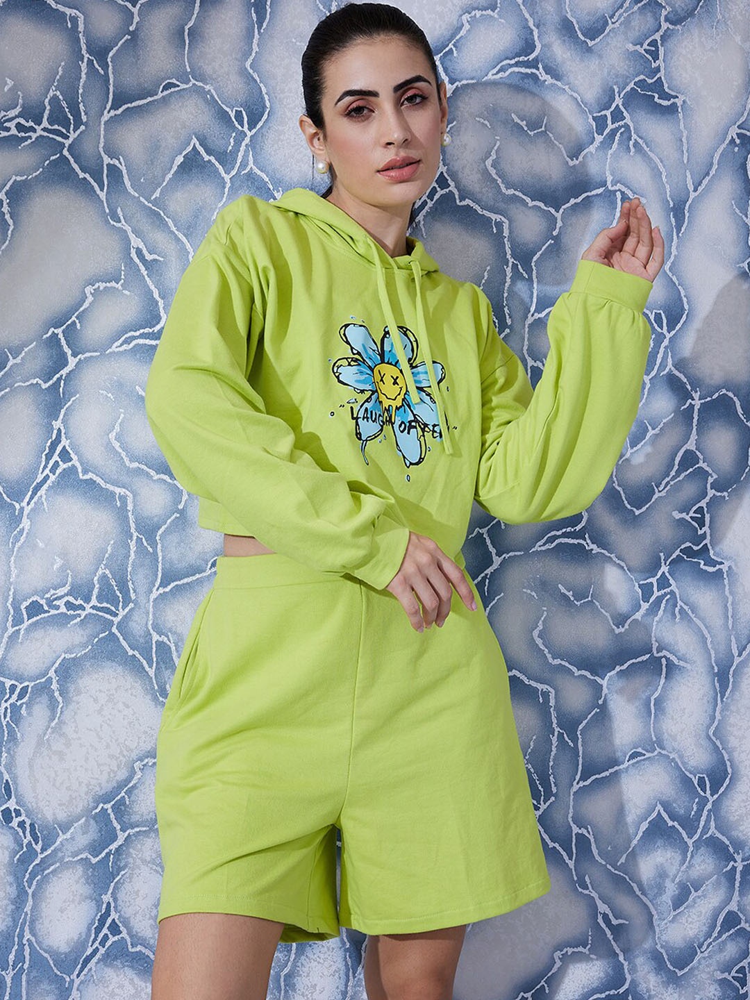 

Athena Printed Sweatshirt With Straight Shorts Co-Ords, Lime green