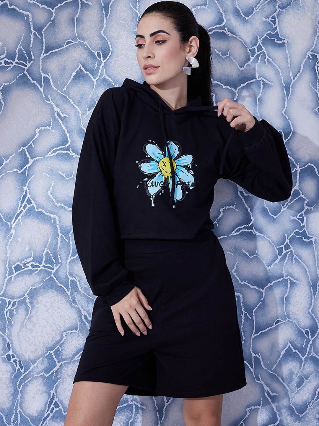 

Athena Floral Printed Hooded Sweatshirt and Shorts Co-Ords, Navy blue