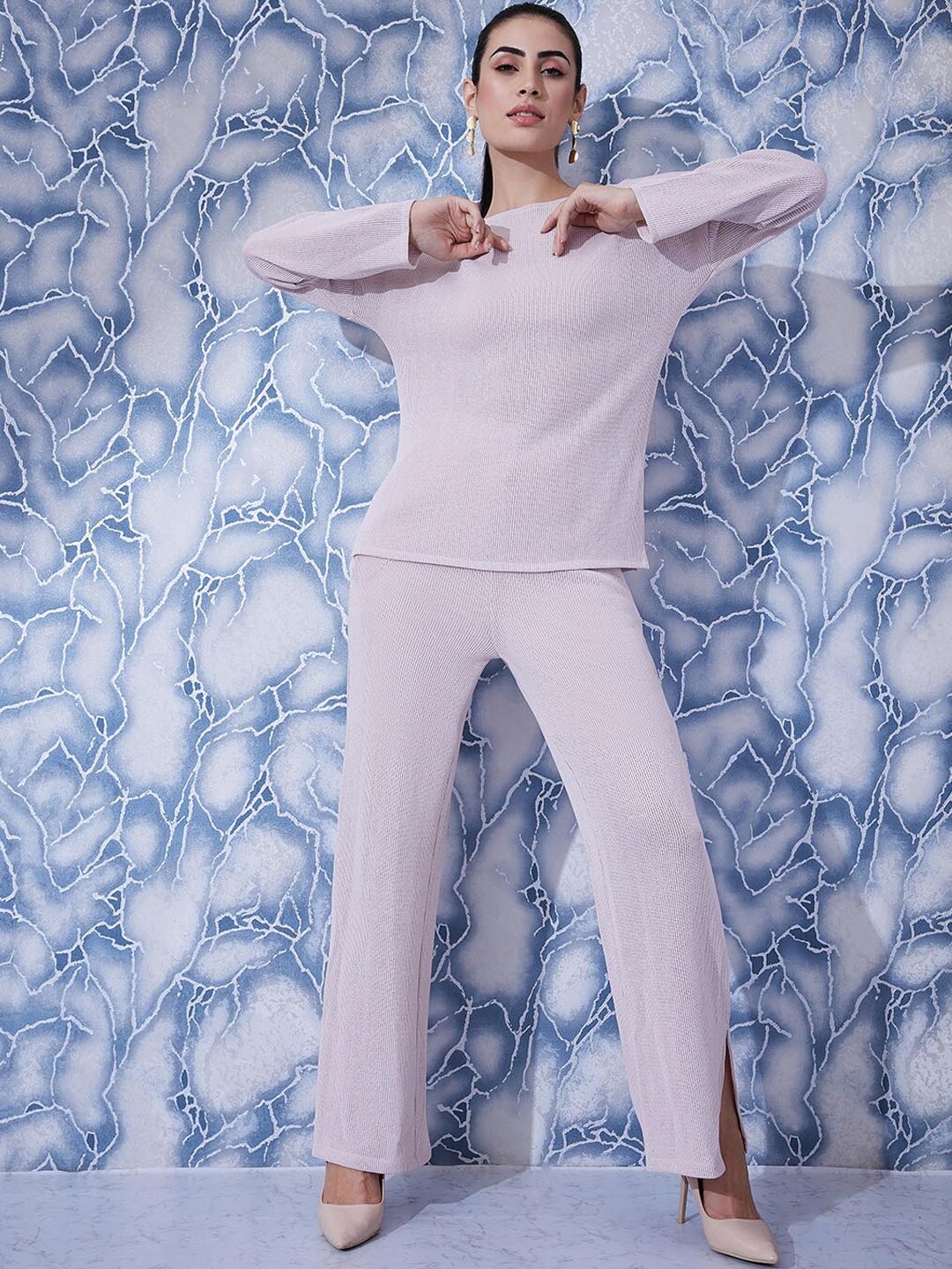 

Athena Pink Ribbed Semi Sheer Top & Trousers