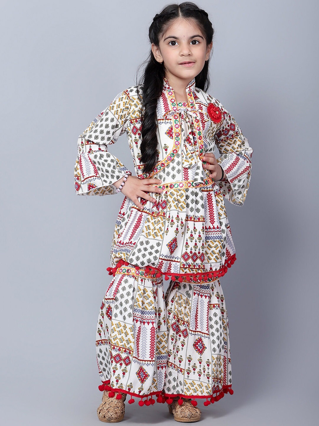 

SKY HEIGHTS Girls Ethnic Print Mirror Work Georgette Anarkali Kurta with Sharara & Jacket, Red