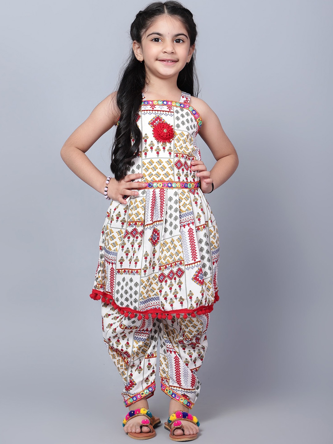 

SKY HEIGHTS Girls Ethnic Motifs Printed Mirror Work Georgette A-Line Kurta with Dhoti Pant, White