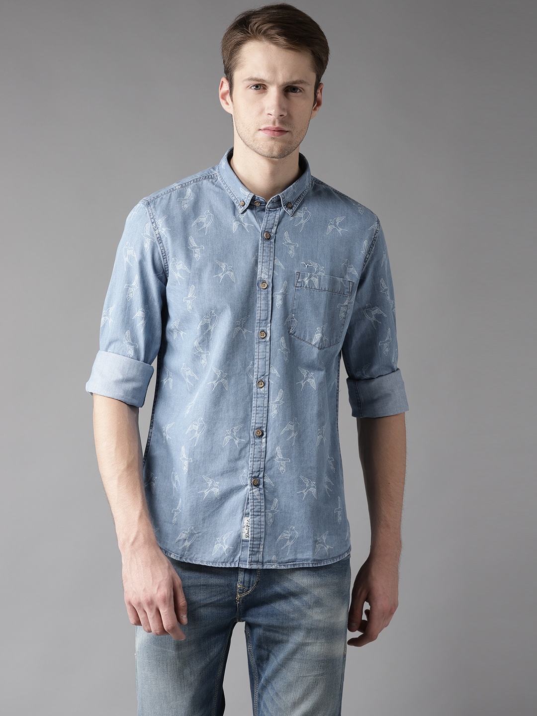 

Flying Machine Men Blue Regular Fit Printed Chambray Casual Shirt