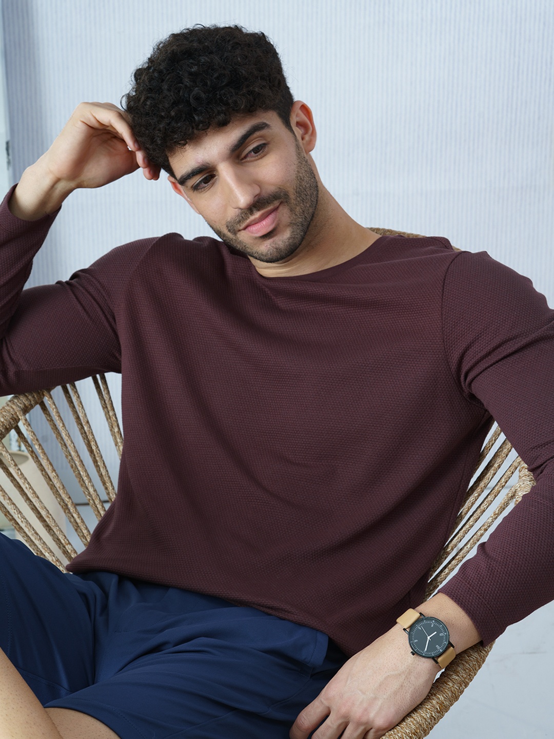 

DAMENSCH Statement Popcorn Textured Crew Neck Full Leeves Casual T-Shirt, Purple