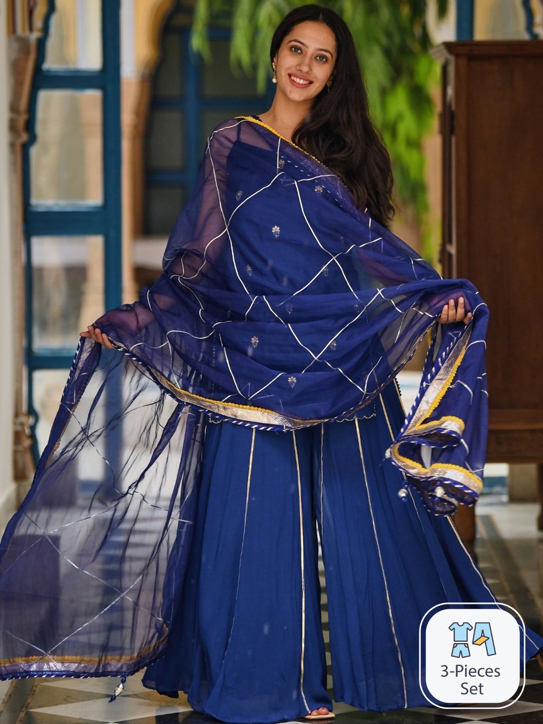 

Urbanstree Ethnic Motifs Embroidered Gotta Patti Georgette Kurti With Trousers & Dupatta, Blue