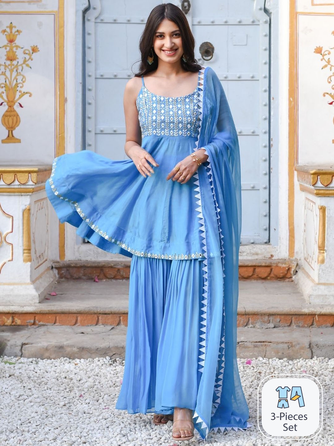 

Urbanstree Ethnic Motifs Embroidered Mirror Work Georgette Kurta With Sharara & Dupatta, Blue
