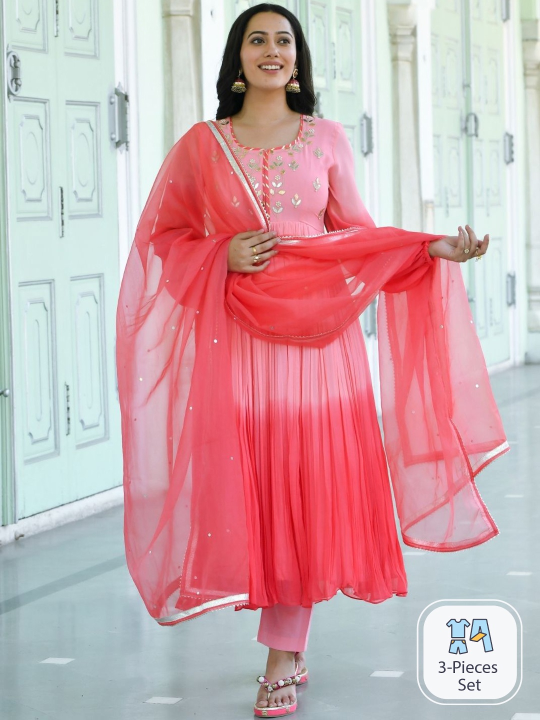 

Urbanstree Ombre Dyed Gotta Patti Georgette Kurta With Trousers & Dupatta, Pink