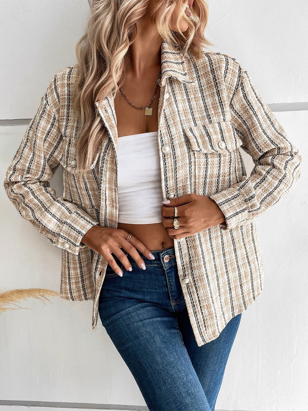 

StyleCast Striped Mandarin Collar Top, Khaki
