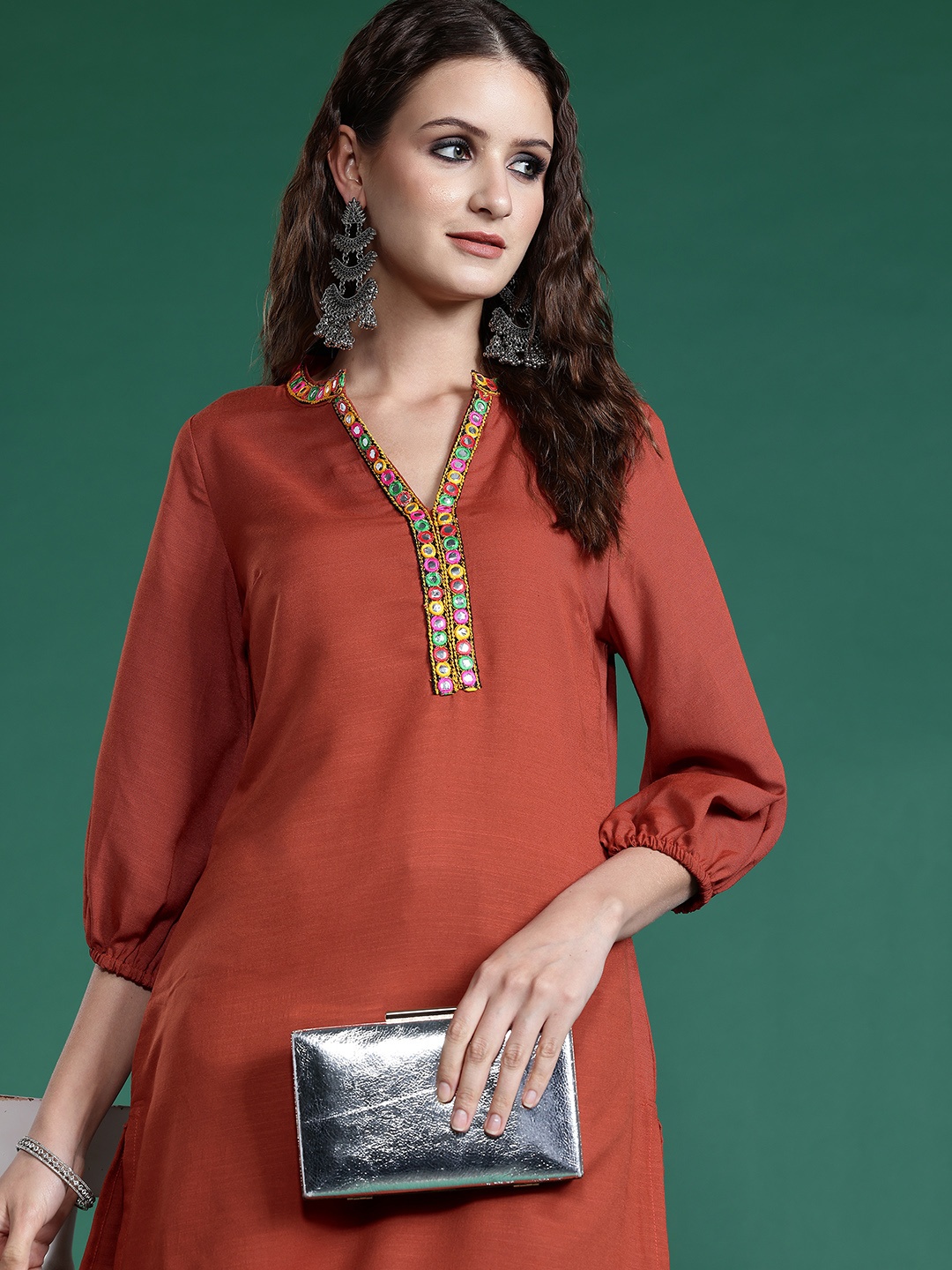 

Sangria Women Yoke Mirror Work Kurta, Rust