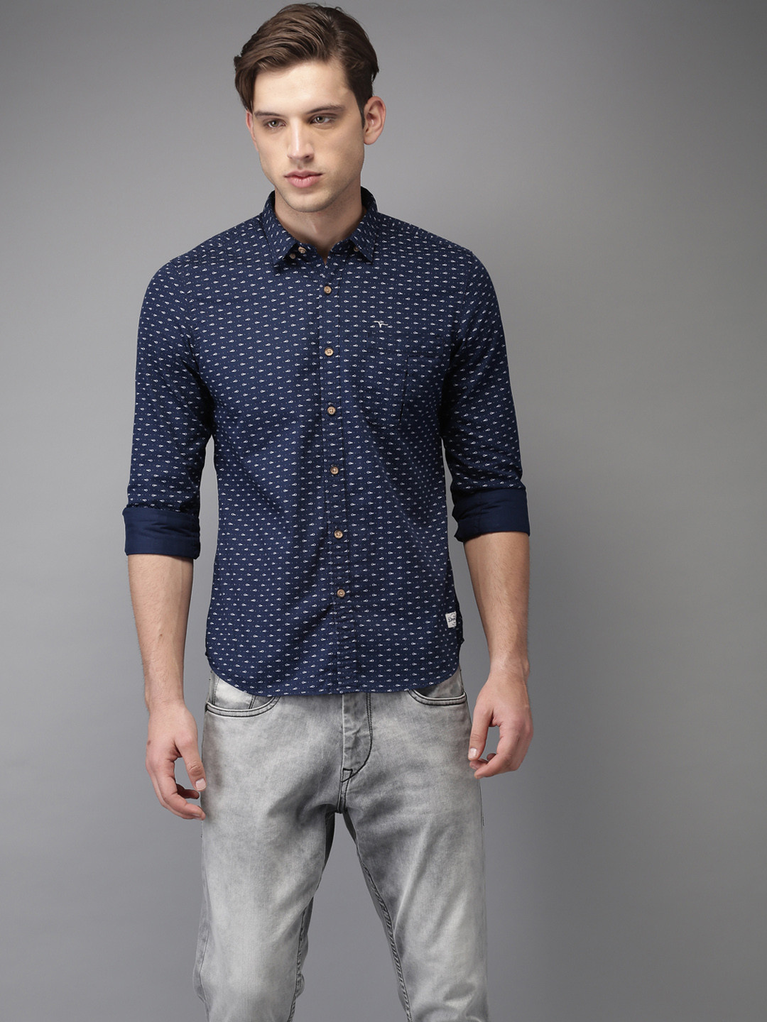 

Flying Machine Men Navy Blue Slim Fit Printed Casual Shirt