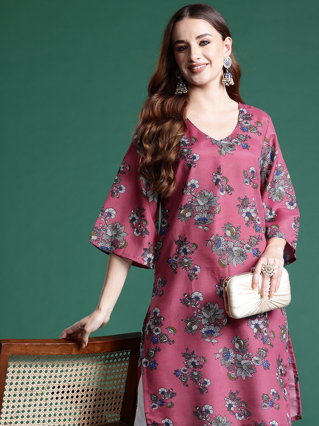 

Sangria Ethnic Printed Pleated Detail Flared Sleeves Kurta, Mauve