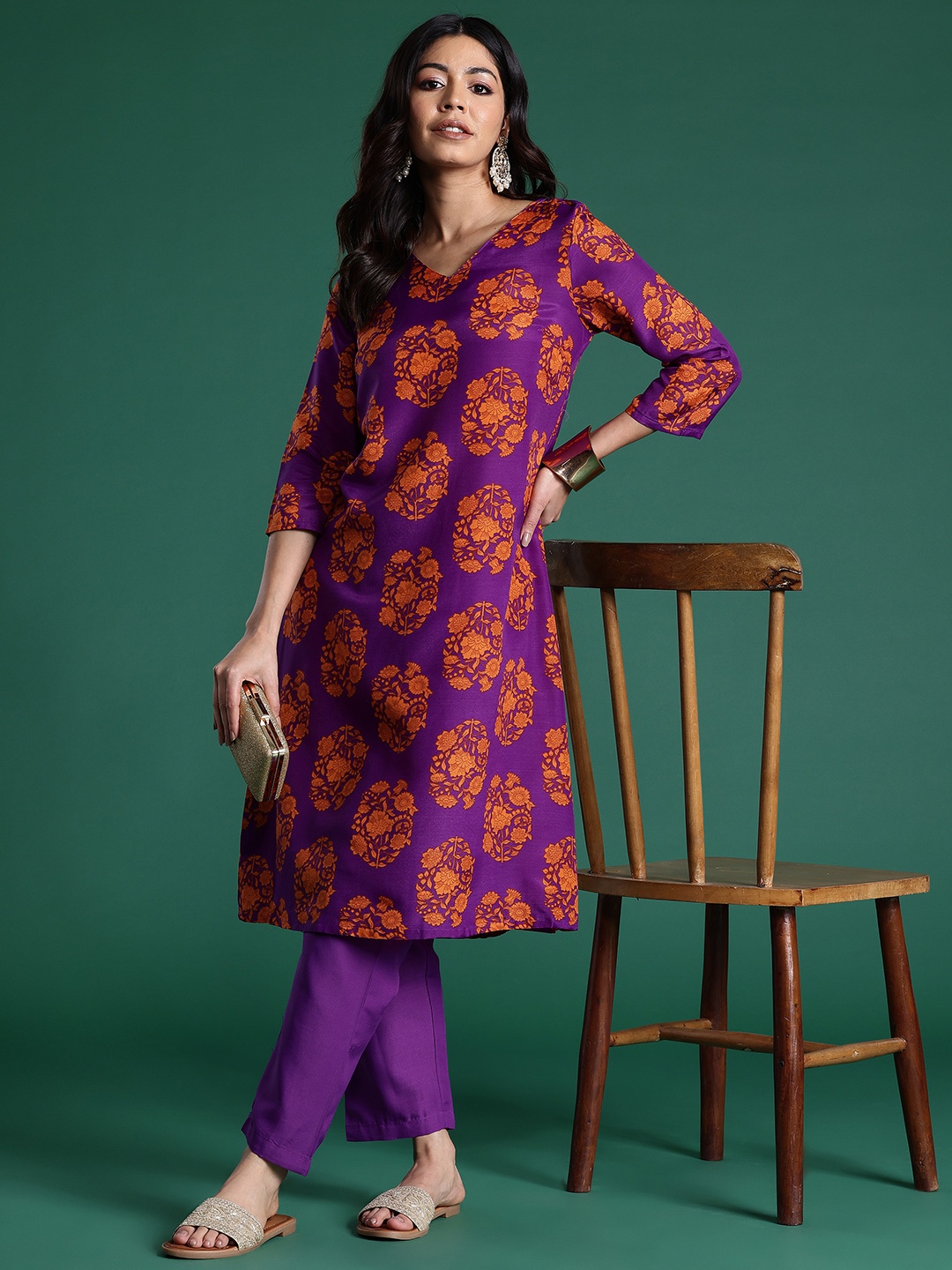 

Sangria Women Ethnic Motifs Printed A-Line Kurta with Trousers, Purple