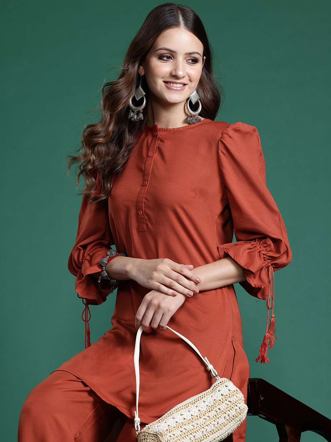 

Sangria Puff Sleeves Kurta with Palazzos, Rust