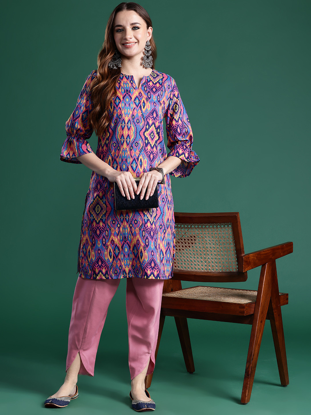 

Sangria Ethnic Motifs Print Puff Sleeves Kurta with Tulip Pants, Blue