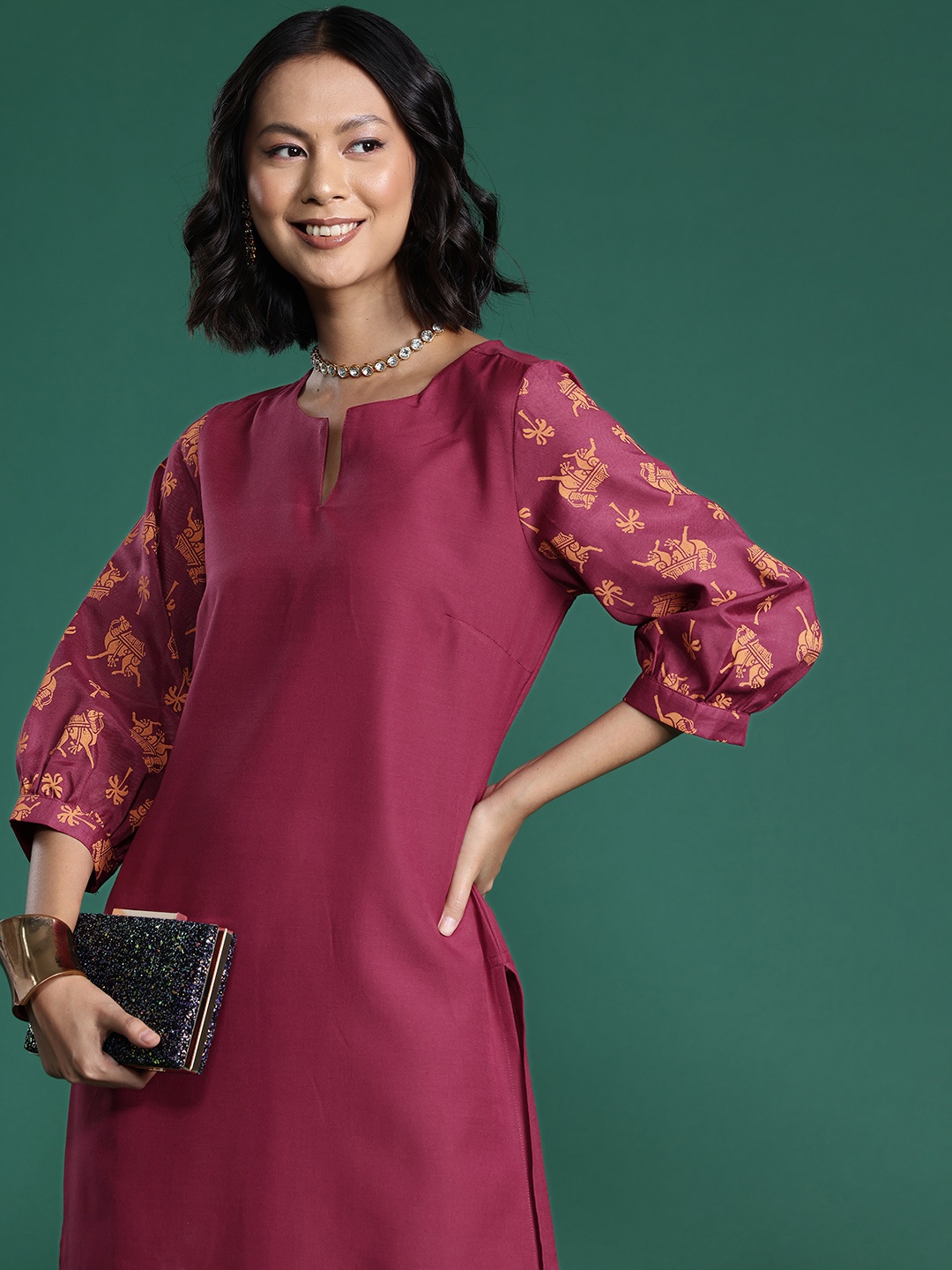 

Sangria Printed Puff Sleeves Kurta, Maroon