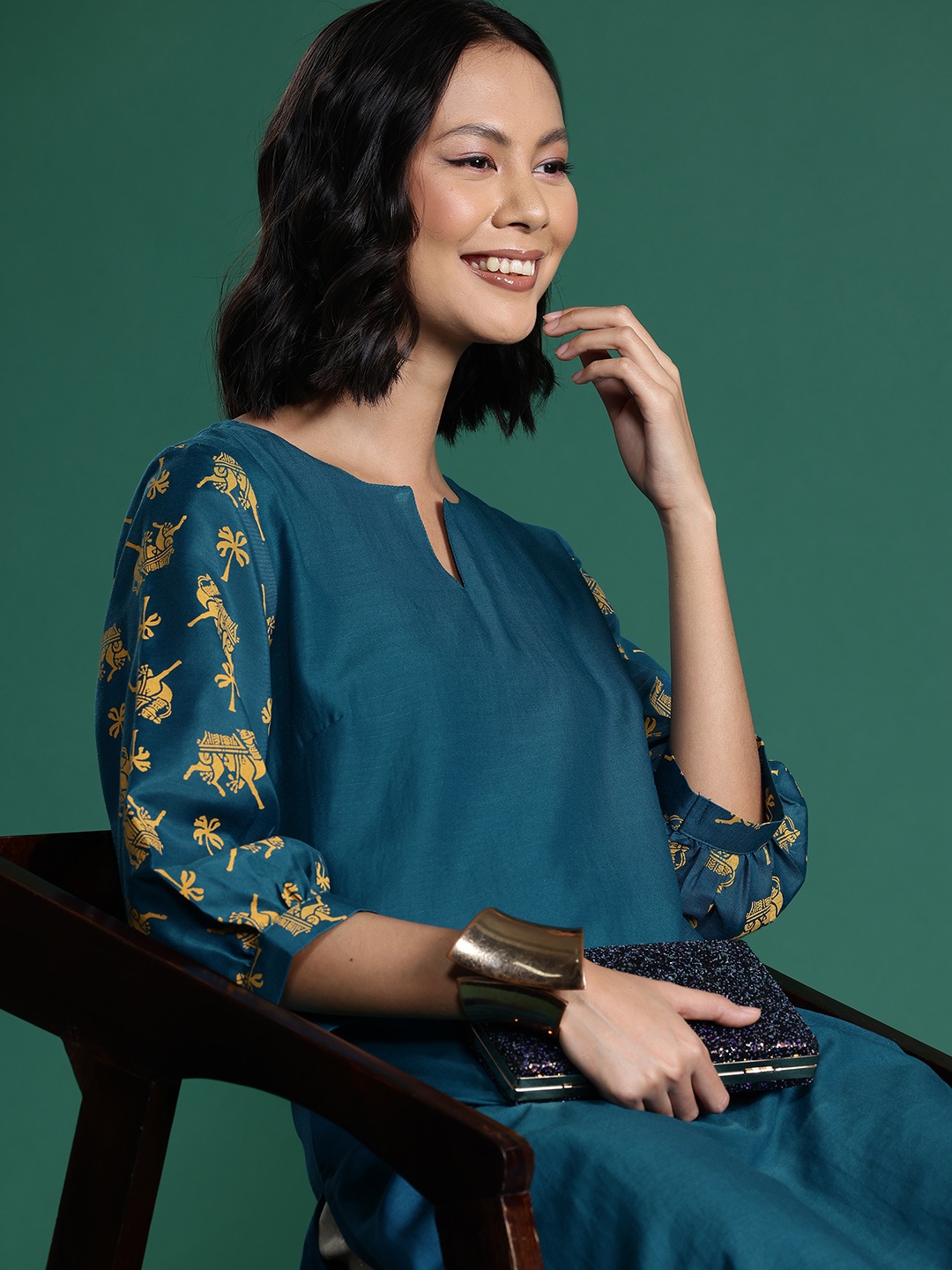 

Sangria Printed Puff Sleeves Kurta, Teal