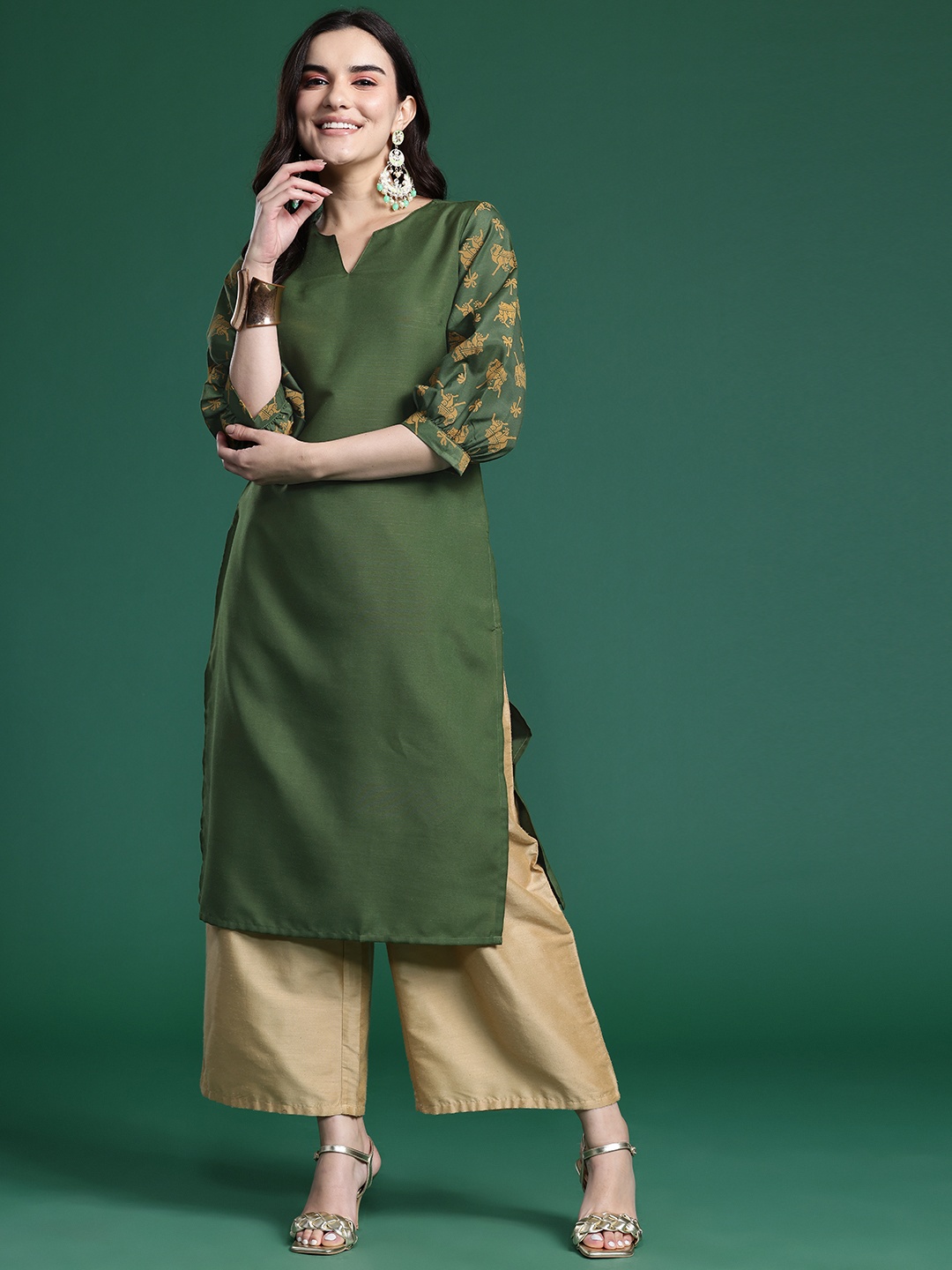 

Sangria Printed Puff Sleeves Kurta, Green