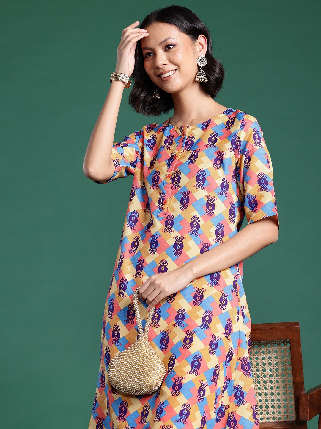 

Sangria Geometric Printed A-Line Kurta, Yellow