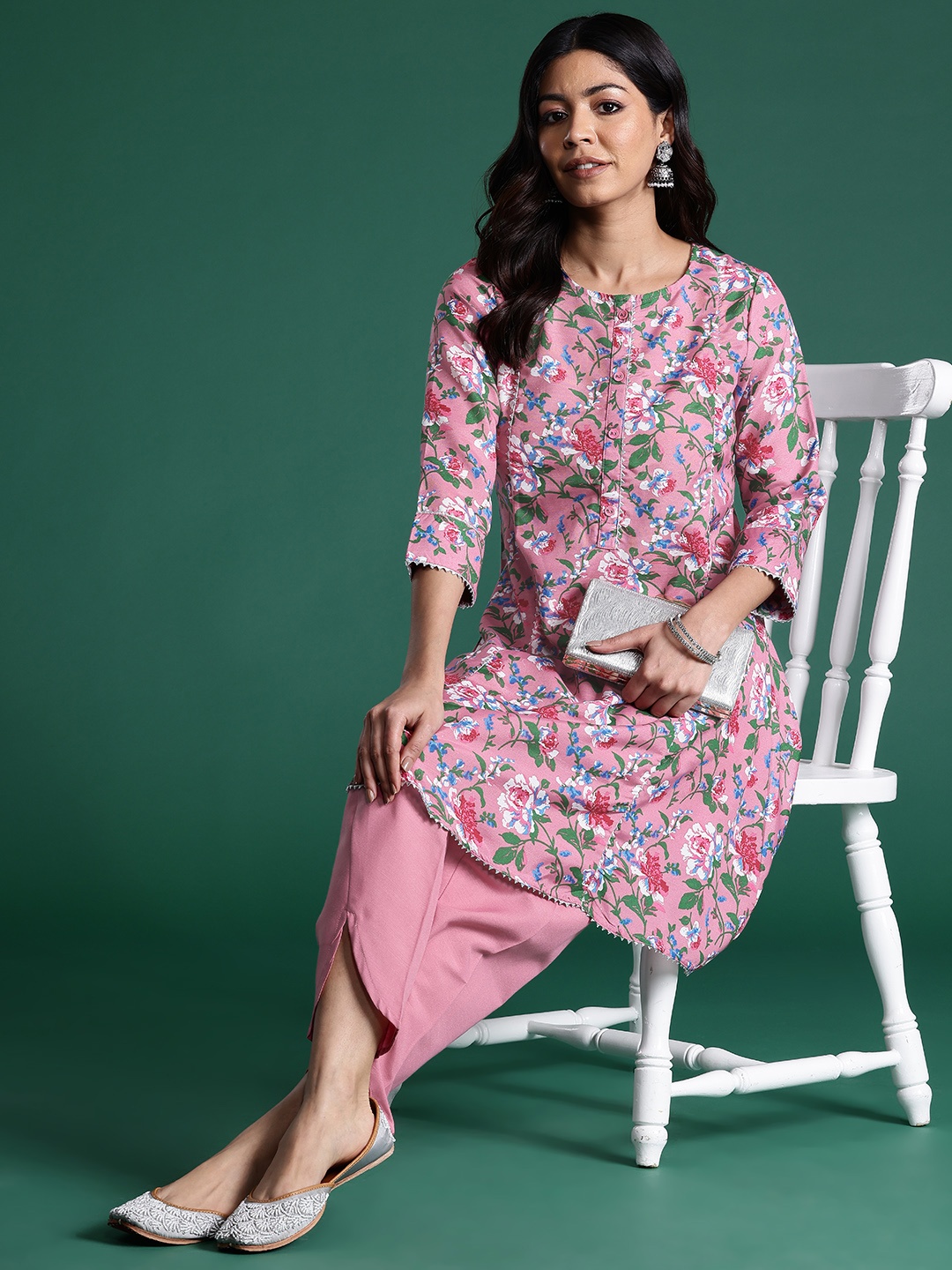 

Sangria Women Floral Printed A-Line Gotta Patti Kurta with Dhoti Pants, Pink