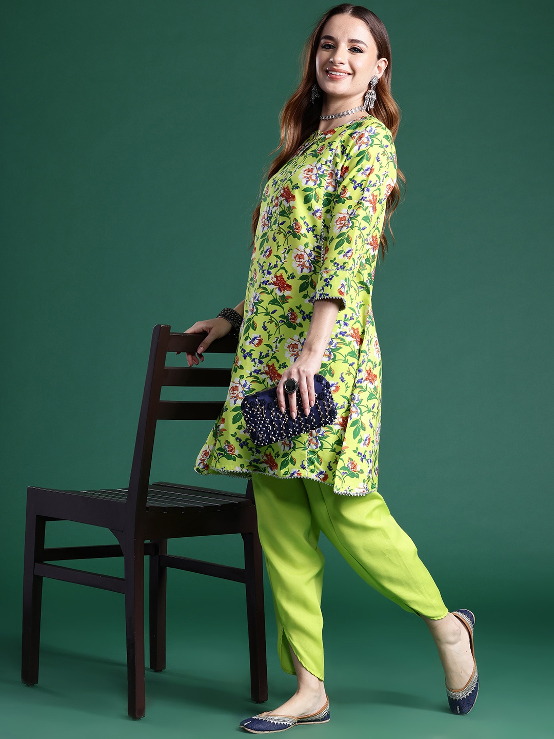 

Sangria Floral Printed A-Line Kurta with Salwar, Lime green