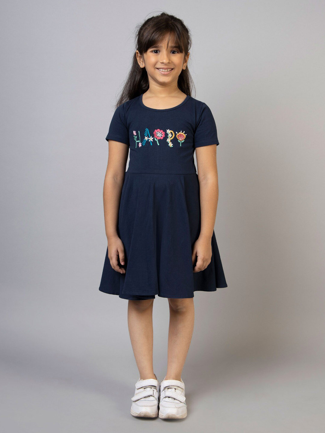

ZIP ZAP ZOOP Typography Embroidered Fit & Flare Dress, Navy blue