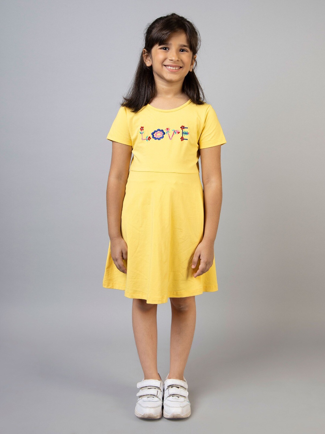 

ZIP ZAP ZOOP Typography Embroidered Fit & Flare Dress, Yellow