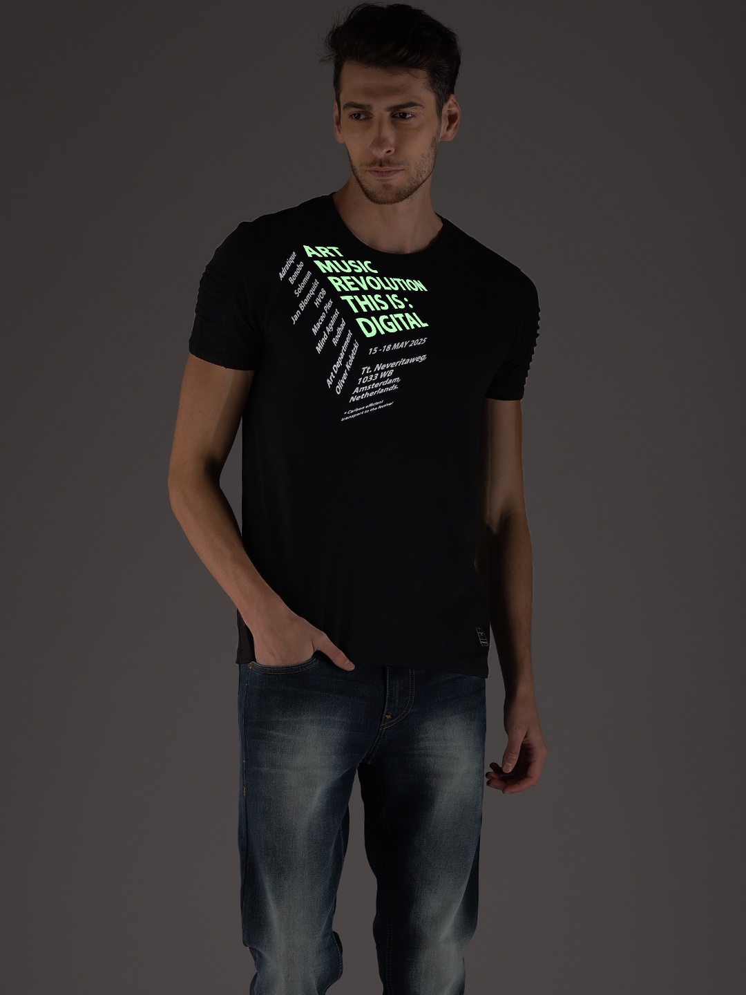 

Flying Machine Men Black Printed Glow In The Dark T-shirt